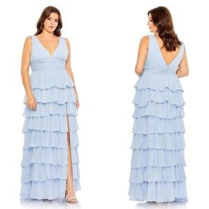 Mac Duggal 68119 Blue Ruffle Tiered Sleeveless V-Neck Gown Size 20W NWT